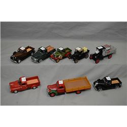 Eight 1:32 scale die cast collectible trucks including 1925 Ford pick-up  ACME Demolition , '31 Ford