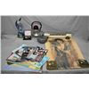 Image 1 : Selection of collectibles including curling rock and Marlin decanters, pig bookends, brass bookends,