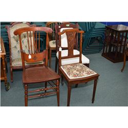 Two mismatched chairs including delicate spindle back rattan upholstered side chair and an oak tapes