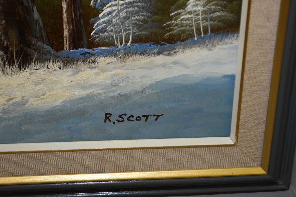 Framed oil on canvas painting of a winter scene in moonlight signed by ...