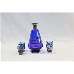 BLUE GLASS SILVER OVERLAY DECANTER AND FOUR GLASSES