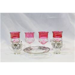 SILVER OVERLAY CREAM AND SUGAR ON TRAY AND RUBY FLASH THUMBPRINT PATTERN GOBLETS