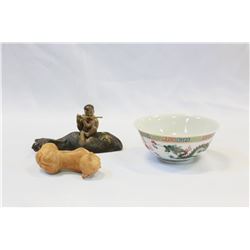 EASTERN WOOD CHOPSTICK STAND MUD FIGURE AND BOWL