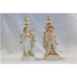 PAIR OF BISQUE HAND PAINTED FIGURAL CANDLESTICKS