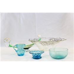 SILVER OVELAY BOWL BLUE GLASS AND ART GLASS DISH