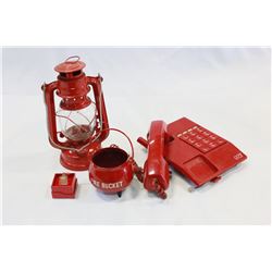 COLLECTIBLE RED PHONE COFFEE PERK LANTERN AND SMALL BUCKET