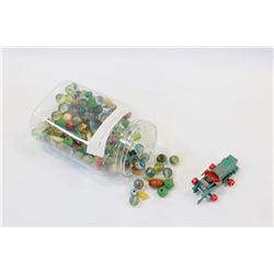VINTAGE MATCH BOX TRACTOR AND JAR OF MARBLES ETC