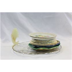 SILVER OVERLAY PLATTER STONE FISH PAPER WEIGHT AND CHINA PLTES