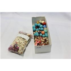 BAG OF SHELL JEWELLRY AND LOT OF VINTAGE LARGE BEAD NECKLACES