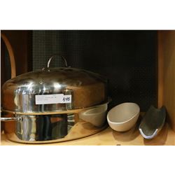 STAINLESS ROASTER AND TWO SERVING PIECES