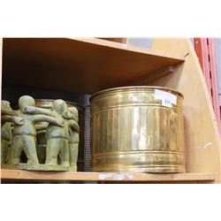 TWO BRASS BUCKETS AND CANDLE HOLDER