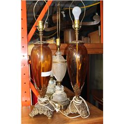 PAIR OF VINTAGE AMBER GLASS LAMPS AND CRYSTAL LAMP