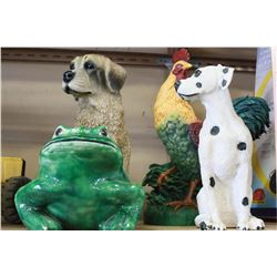 TWO DOG FIGURES ROOSTERS AND FROG