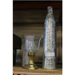 ART GLASS VASE SILVER COLORED VASE AND BRASS CANDLESTAND WITH SHADE