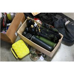 LOT OF PAINTBALL AIRTANKS AMMO TUBES ETC AND BOX OF TIN SIGNS