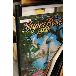 TWO SUPERBOWL POSTER BOARDS AND TWO FRAMED MOVIE POSTERS