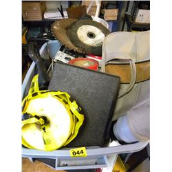 TUB OF MISC HARDWARE/STAIN/SAWBLADES