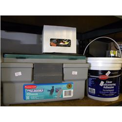 4L TUB OF CLEAR WALL COVERING ADHESIVE/RUBBERMAID TOOLBOX AND MISC