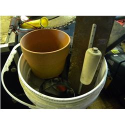 BUCKET OF MISC PROWLS/EAR PROTECTION/PAINT BRUSHES ETC