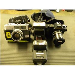 MINOTA AND CANON CAMERAS WITH LENSES/2 SMALL FLASH UNITS