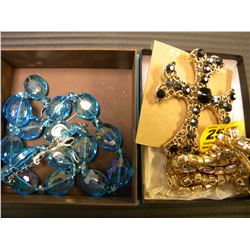 GOLD & MULTI STONE CROSS ROACH/GOLD BRACELET/BLUE STONE NECKLACE