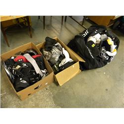 LARGE SPORTS BAG/2 BOXES OF ASSORTED KIDS HOCKET GEAR