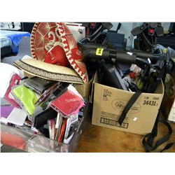 BOX OF EXERCISING EQUIPMENT/PHONE CASES/SUMBRAROS/BIBLE EDUCATIONAL TAPES