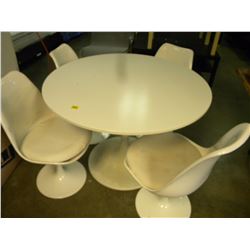 WHITE PEDISTAL TABLE WITH 4 MATCHING CHAIRS