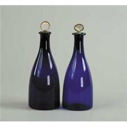 FINE PAIR OF COBALT BLUE HAND BLOWN GLASS DECANTERS
