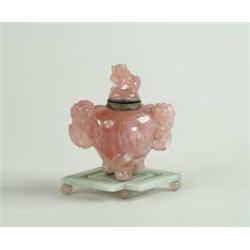FINE PINK QUARTZ AND JADE FIGURAL INKWELL