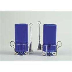 PAIR OF INTERESTING STERLING AND COBALT GLASS CHAMBERSTICKS BY TIFFANY & CO