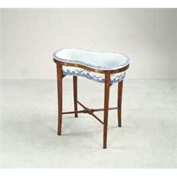CHINESE BLUE AND WHITE PORCELAIN BIDET ON WOOD STAND