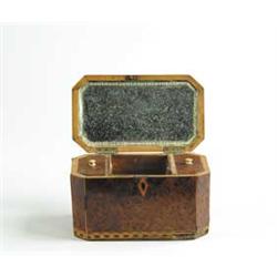 GOOD ENGLISH BURL AND INLAID TEA CADDY