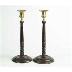 PAIR OF ENGLISH BRASS MOUNTED MAHOGANY TABLE CANDLESTICKS