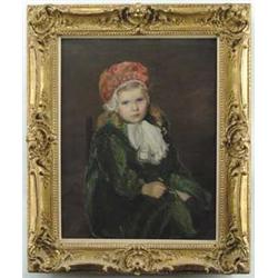 LILLA CABOT PERRY (American, 1848-1933) PORTRAIT OF A GIRL IN A RED BONNET