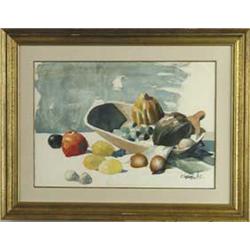 DONG KINGMAN (American, 1911-2000) STILL LIFE OF FRUIT WITH WOOD BOWL