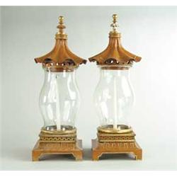 PAIR OF CHARLES X STYLE PAINTED TOLE AND GLASS HURRICANE LAMPS