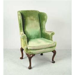 QUEEN ANNE CARVED WALNUT WING ARMCHAIR