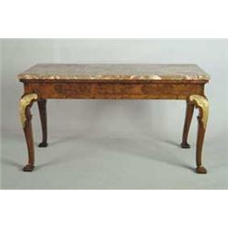 GEORGE I BURL WALNUT AND PARCEL-GILT MARBLE TOP CONSOLE TABLE
