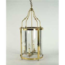 MODERN BRASS AND GLASS HANGING HALL FIXTURE