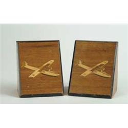 PAIR OF INLAID MAHOGANY “FLYING BOAT” BOOKENDS