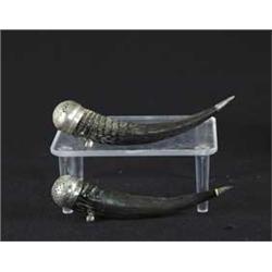 PAIR OF HORN AND SILVER SALT AND PEPPER SHAKERS