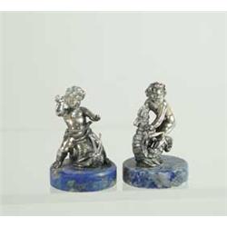 PAIR OF SILVER PLATED FIGURES ON LAPIS BASES