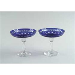 PAIR OF CUT BLUE TO CLEAR BOHEMIAN TYPE GLASS COMPOTES
