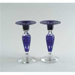 CUT BLUE TO CLEAR BOHEMIAN TYPE GLASS CANDLESTICKS