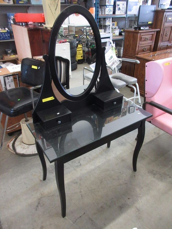Black Glass Top Vanity Table with Mirror