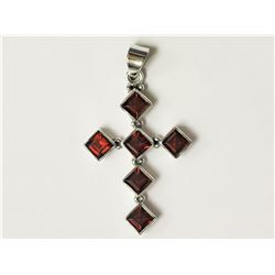 #11-STERLING SILVER GARNET CROSS SHAPED PENDANT
