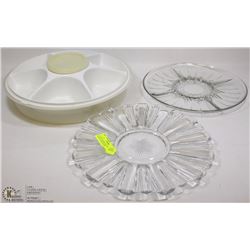 FLAT W/ 2 GLASS TRAYS AND A PLASTIC VEGGIE & DIP