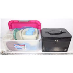 BOX FILLED WITH STORAGE CONTAINERS AND MAKE UP CASE