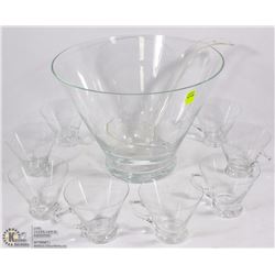 GLASS PUNCH BOWL WITH 8 CUPS AND LADEL